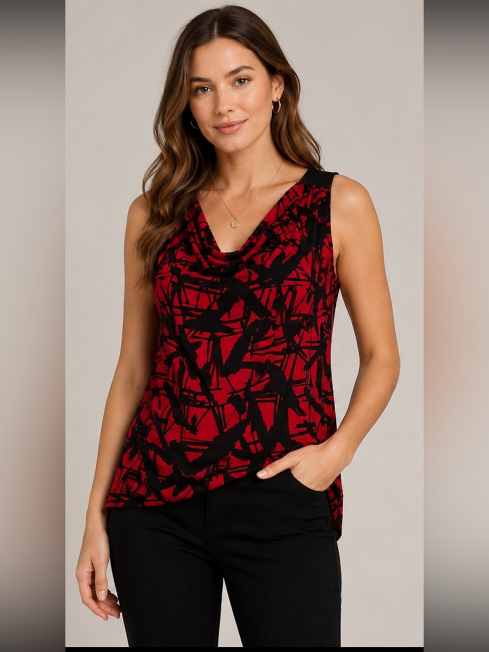 NWT  Michael Kors Plus 1X Red Blaze Abstract Drape Neck High Low Tunic Top